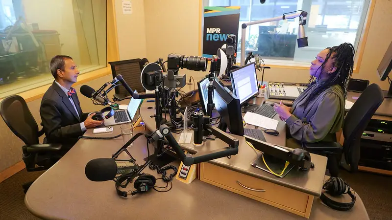 Rahul Koranne and Angela Davis in the MPR recording booth