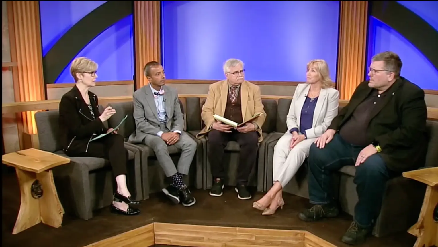 A panel of five people on TV