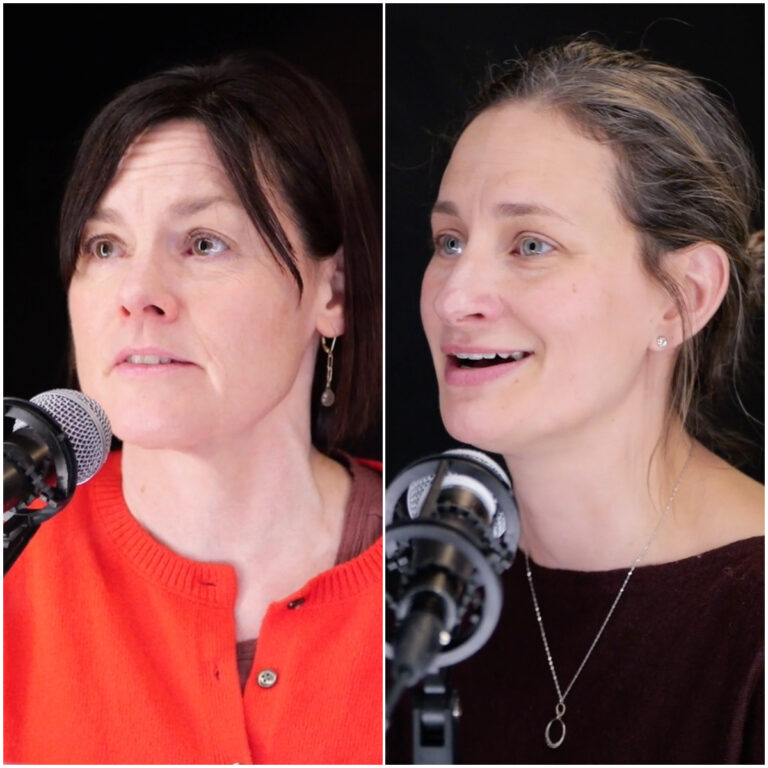 Side-by-side images of two women speaking into microphones during a podcast discussion on rural health care workforce research.