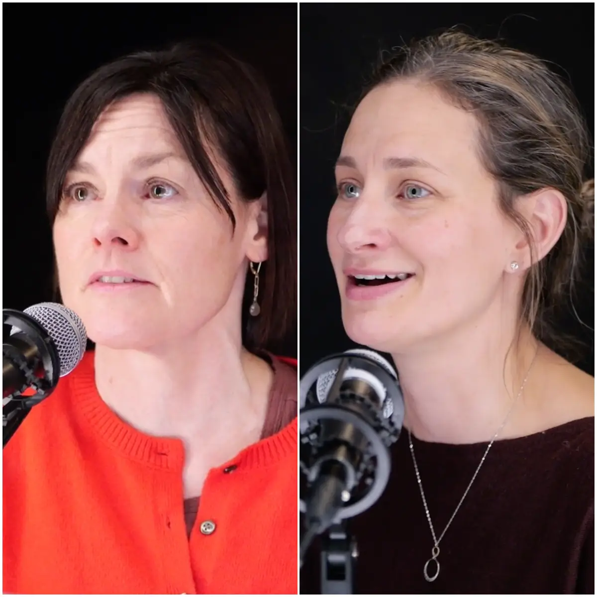 Side-by-side images of two women speaking into microphones during a podcast discussion on rural health care workforce research.