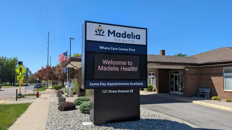 Exterior of the Madelia Health sign and building.