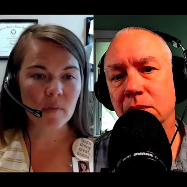 Collage image of podcast guest and host.