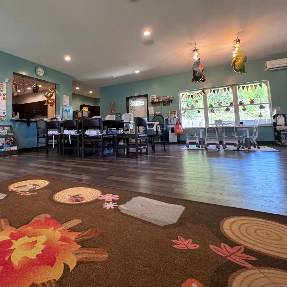 Ely Bloomenson Community Hospital's child care area, including a children's table and set of chairs, a carpet, and other decorations.