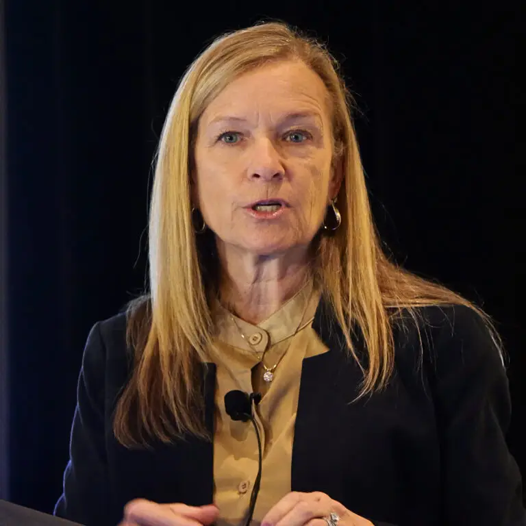 Patti Artley of Medical Solutions Group speaks on stage during a conference.