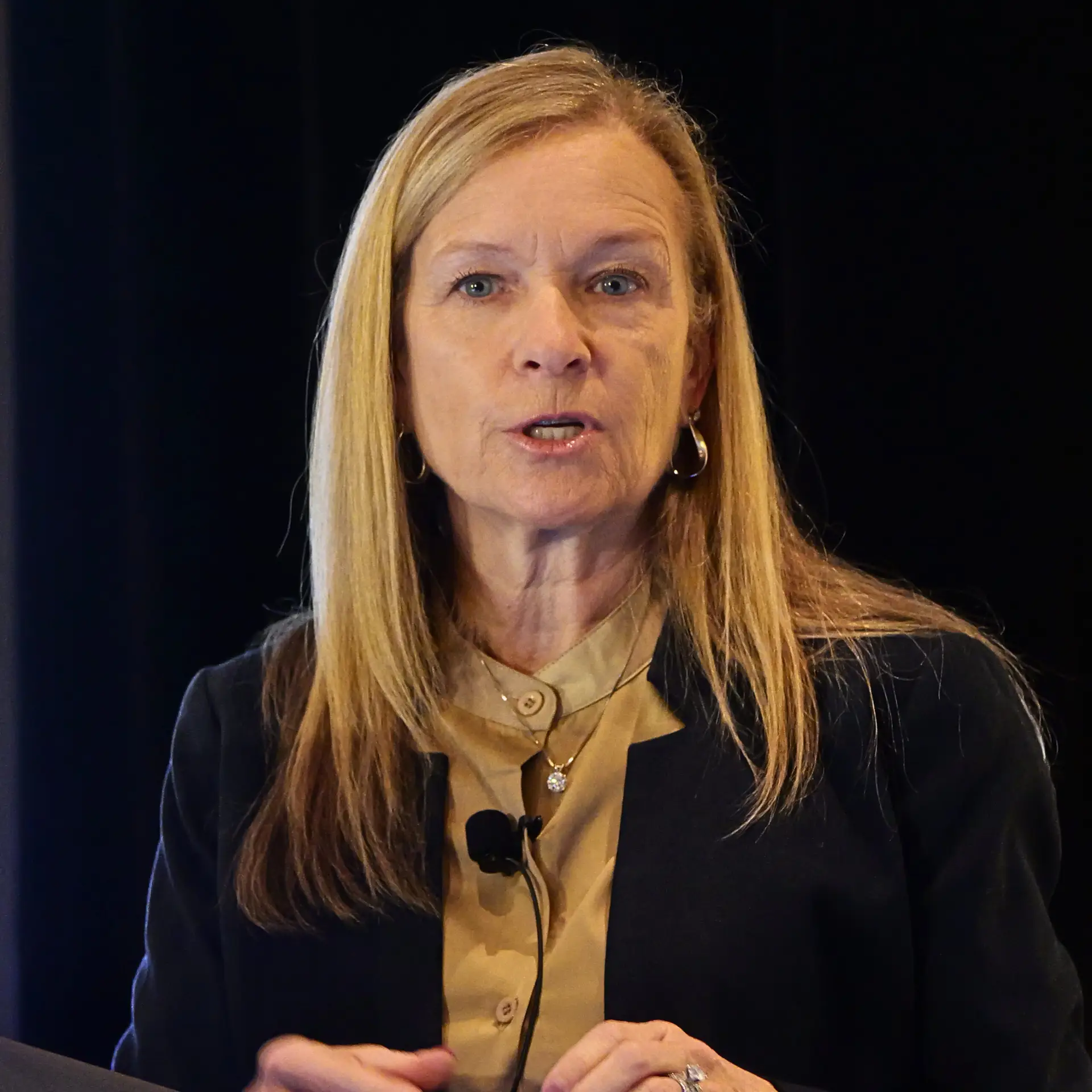 Patti Artley of Medical Solutions Group speaks on stage during a conference.
